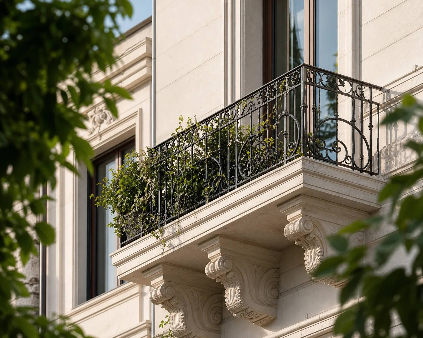 Balcone in pietra e ferro lavorato di un condominio perfettamente curato